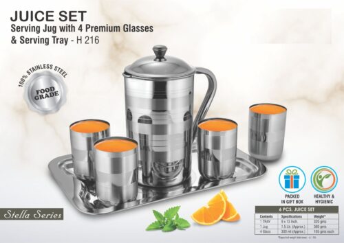 H216 – Juice Set: Stainless Steel Serving Jug With 4 Premium Glasses And Serving Tray
