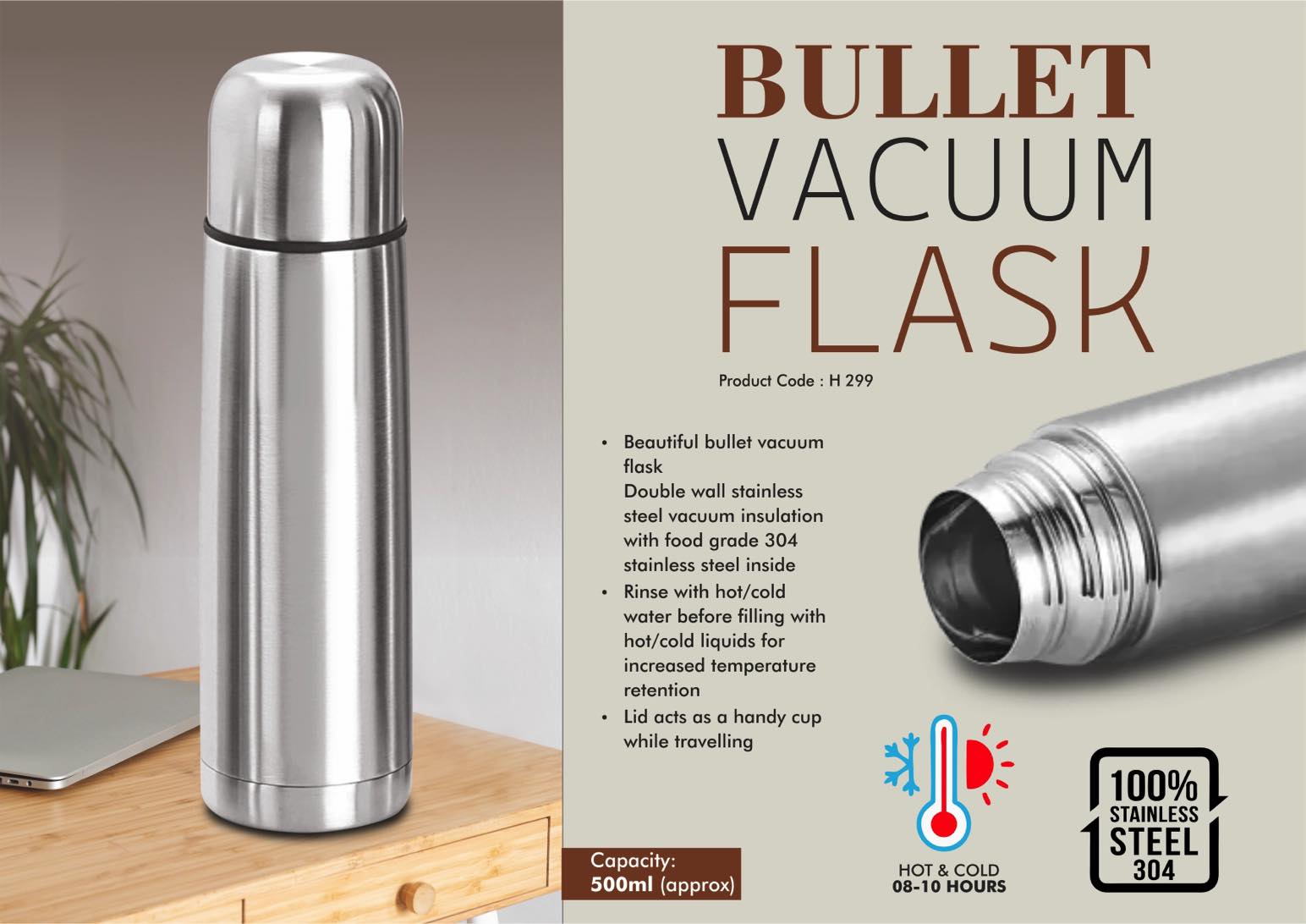 TEMH299 – Bullet Vacuum Flask With Cap Capacity 500ml Approx