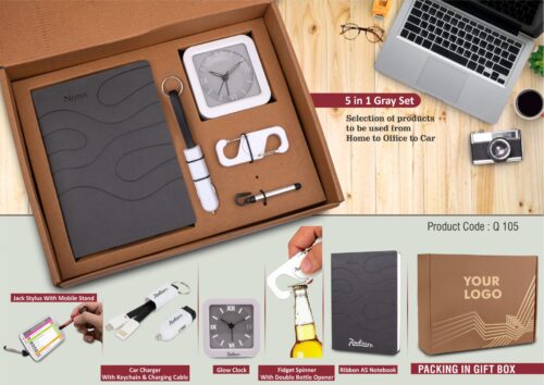 Q105 – 5 In 1 Gray Set: Spinner With Bottle Opener, Keychain With Car Charger And Cable, Jack Stylus With Phone Stand, Glow Clock And A5 PU Notebook In Kraft Gift Box