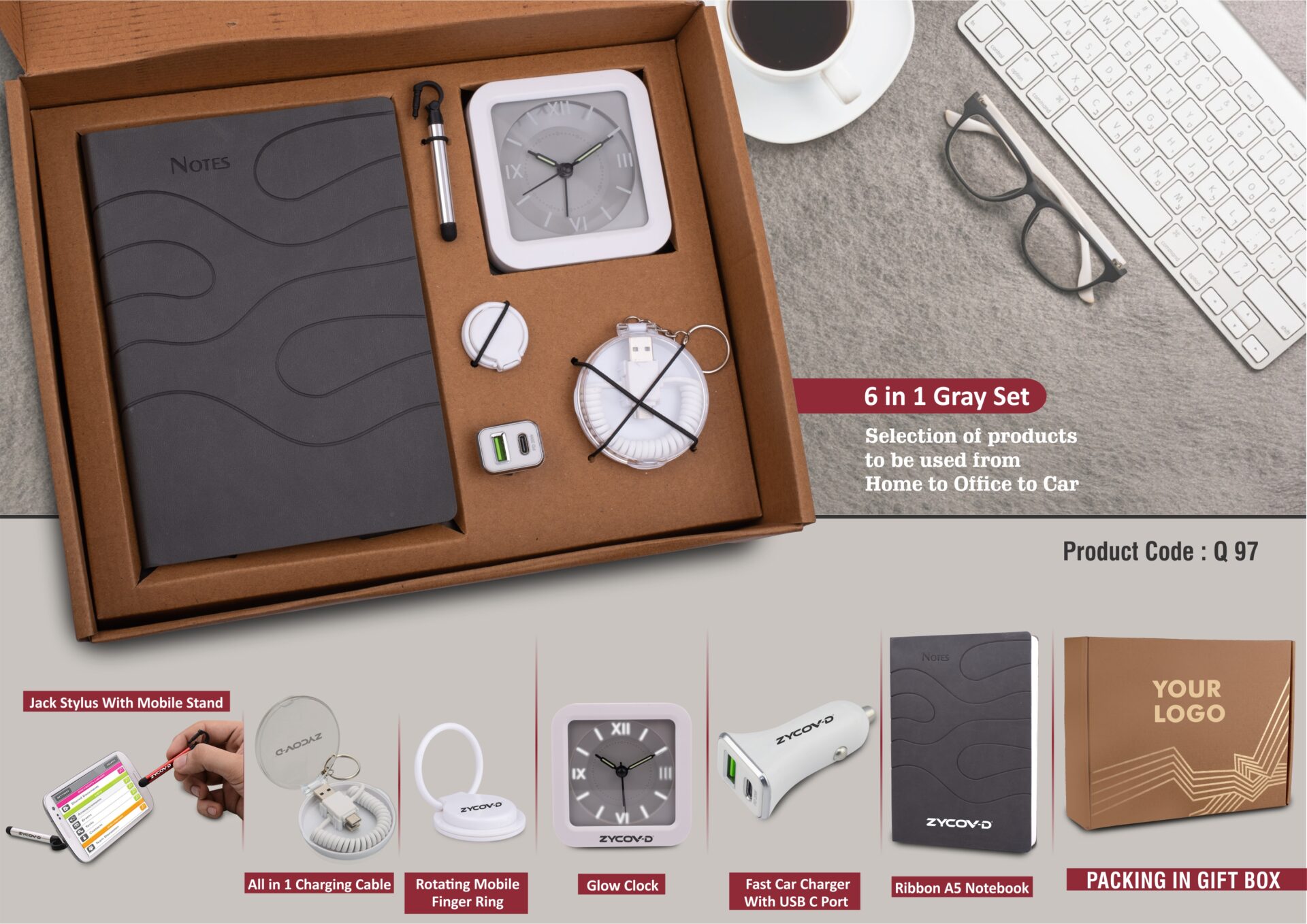 Q97 – 6 In 1 Gray Set: Mobile Finger Ring, All In 1 Cable With Keychain, Fast Dual USB Car Charger, Jack Stylus With Phone Stand, Glow Clock And A5 PU Notebook In Kraft Gift Box