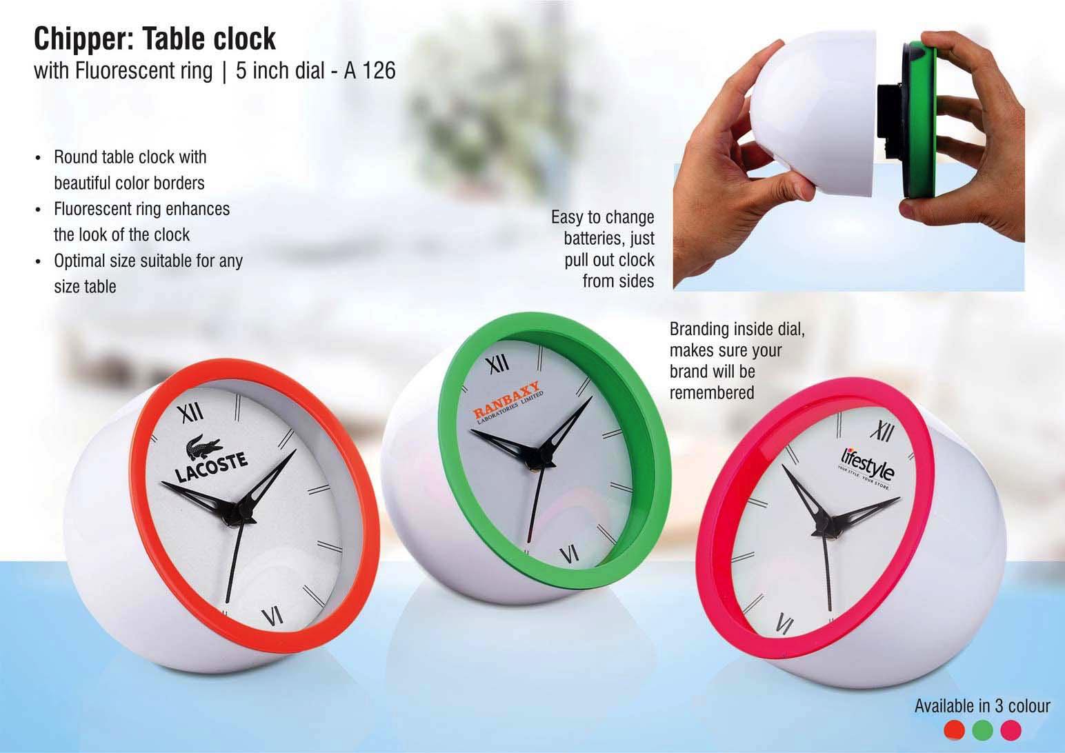 A126 – Chipper: Table Clock With Fluorescent Ring | 5 Inch Dial | Branding Included MOQ 200pc