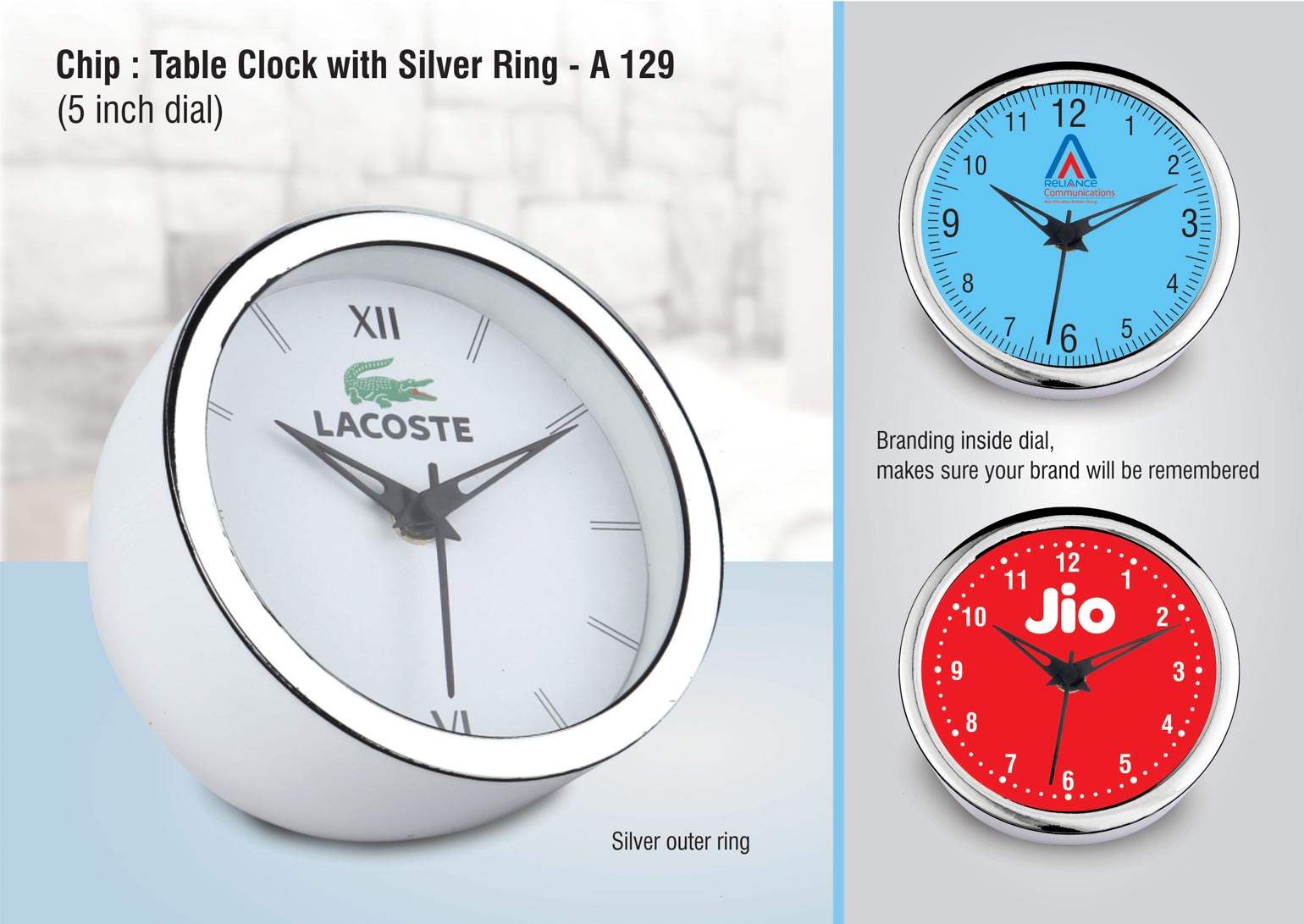 A129 – Chip: Table Clock With Silver Ring | 5 Inch Dial | Branding Included MOQ 200pc