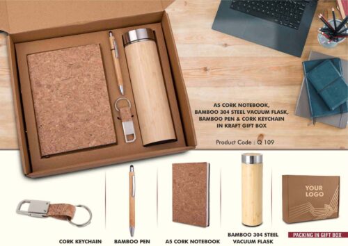 Q109 – EcoSet 3: Set Of A5 Cork Notebook, Bamboo 304 Steel Vacuum Flask, Bamboo Pen & Cork Keychain In Kraft Gift Box