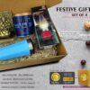 Q148 – Festive Gift Set Of 4: Gourmet Caramel Popcorn, Hexa Insulated Mug, Blow LED Lamp & Ganesha Tealight Holder | Metal Plate Included