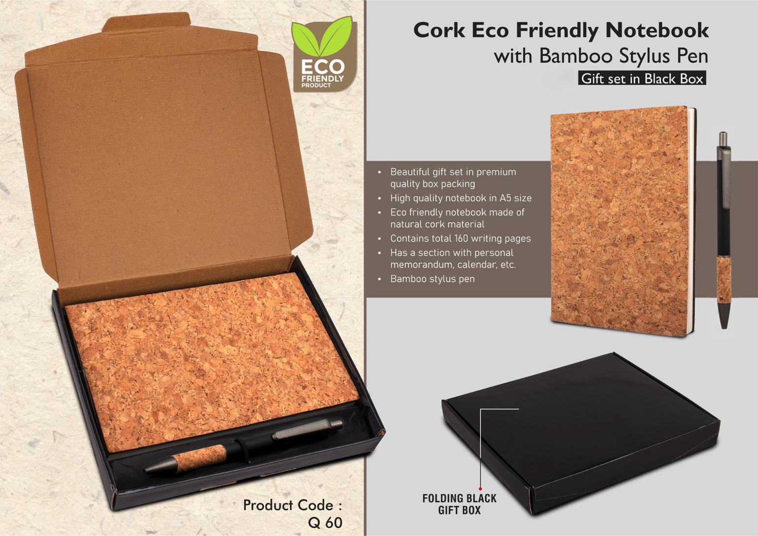 Q60 – Cork Notebook With Cork Grip Velvet Touch Pen | Gift Set In Black Box