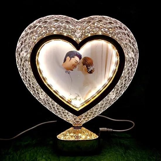 Heart-Shaped Crystal Glass Photo Frame with LED Light, Illuminated Picture Display, Golden Base, Anniversary Gift