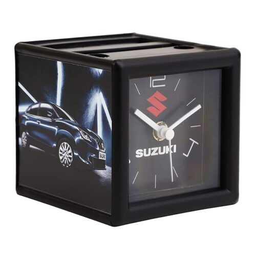Plastic and Glass Black Colour Table Clock with Note pad, Mobile and Pen Holder Organiser